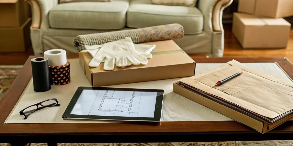 Planning a senior downsizing estate sale with a tablet, boxes, and packing supplies.