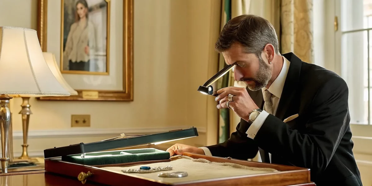 Professional jewelry appraiser examining a diamond ring under a loupe