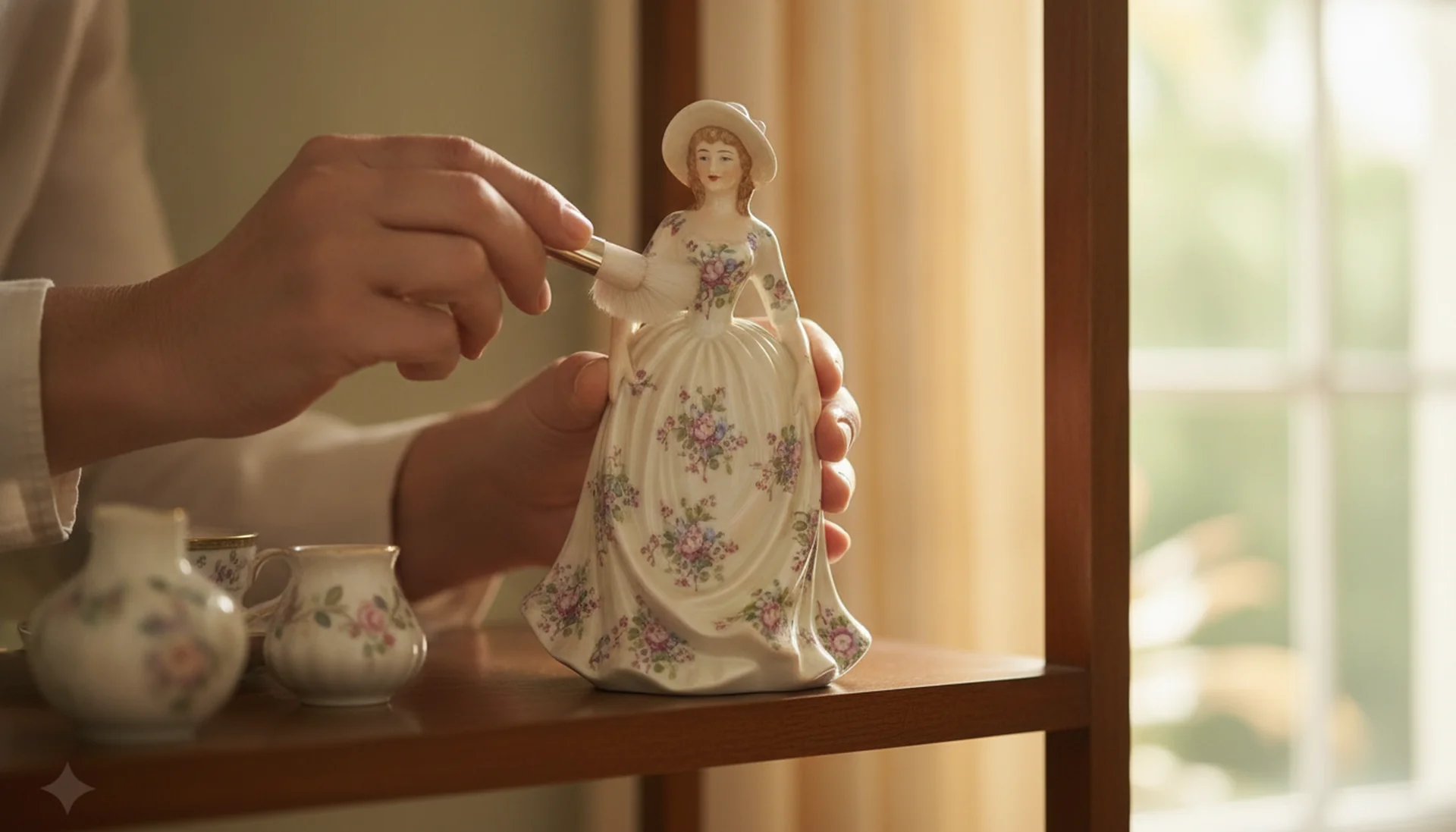 A Royal Doulton porcelain figurine being gently dusted with a soft brush to keep the collection in top condition