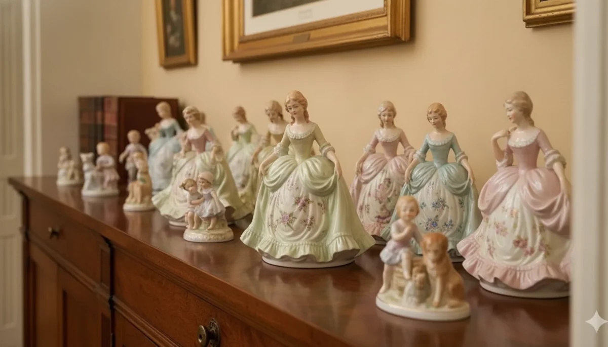 Royal Doulton figurines arranged on a wooden shelf for identification and valuation