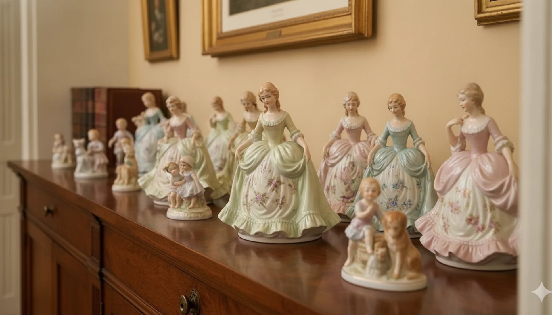 Royal Doulton figurines arranged on a wooden shelf for identification and valuation