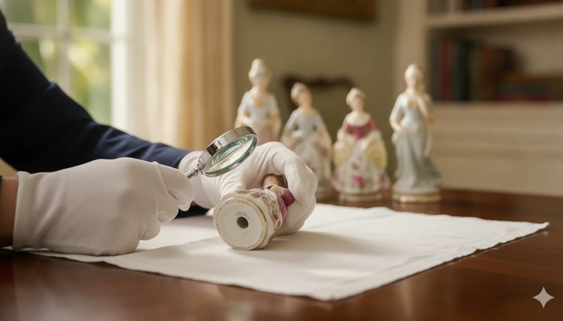 Close view of a Royal Doulton figurine being examined for its factory backstamp and identification marks