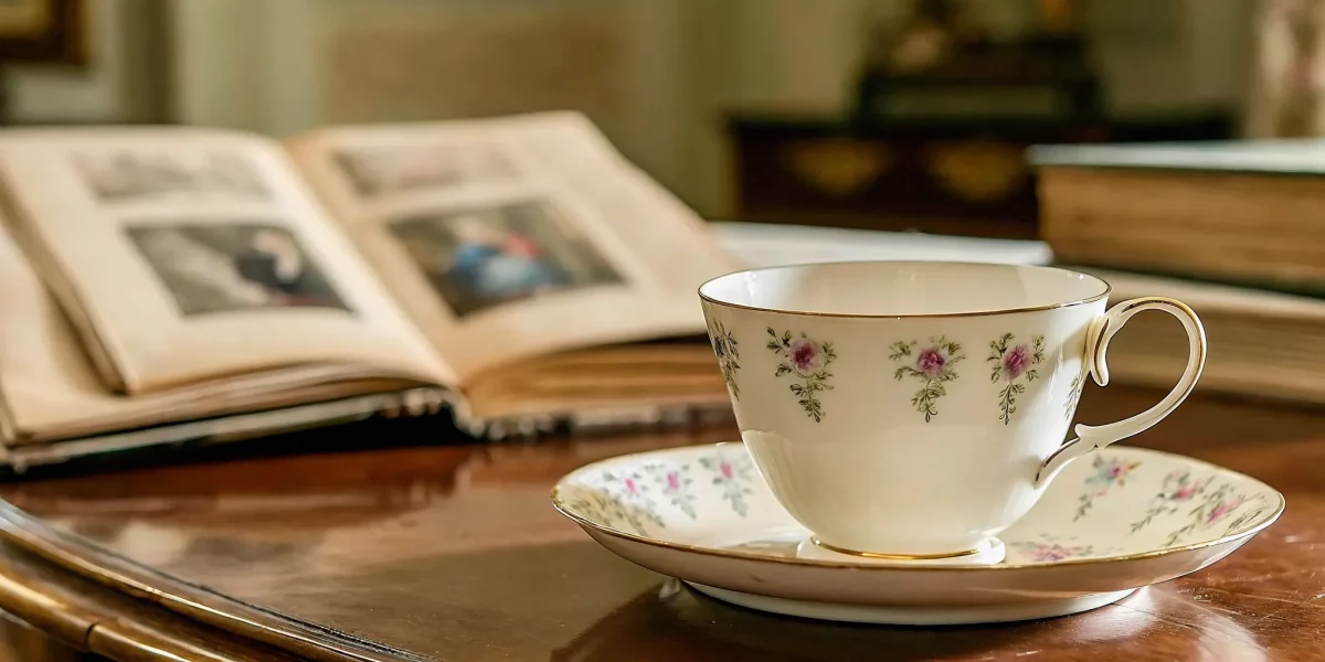 Antique Royal Worcester porcelain teacup and saucer with floral pattern on a mahogany table