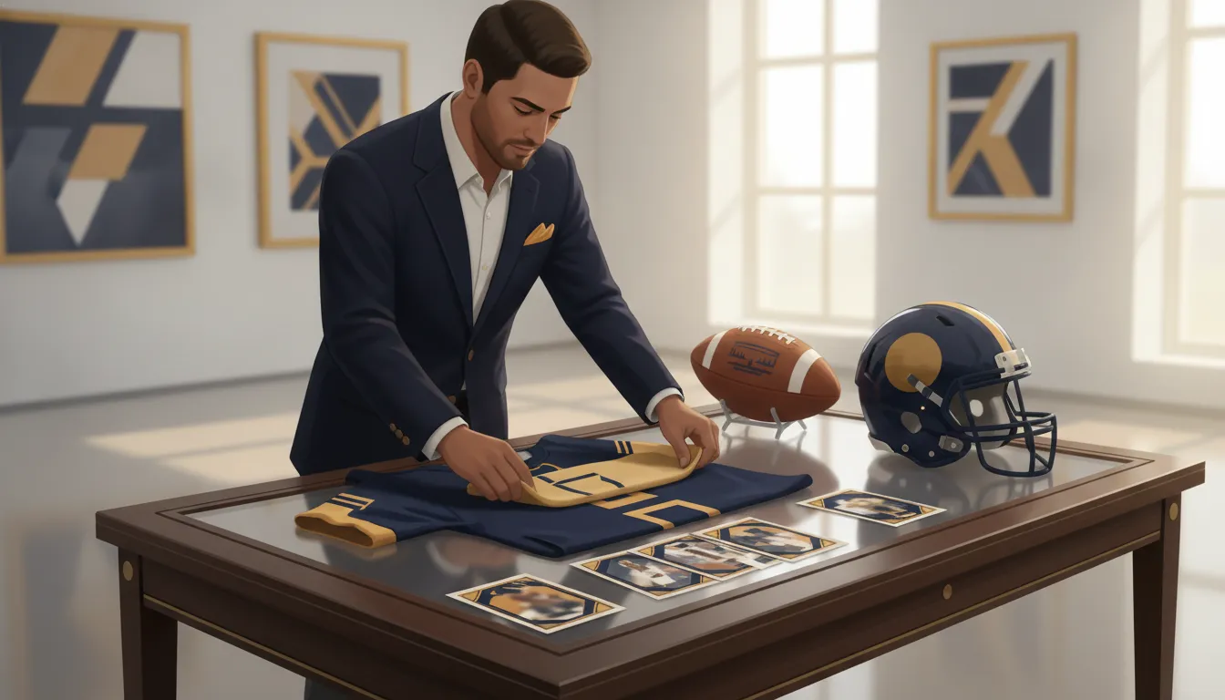 Collector arranging football jerseys, cards, autographs, and equipment for review