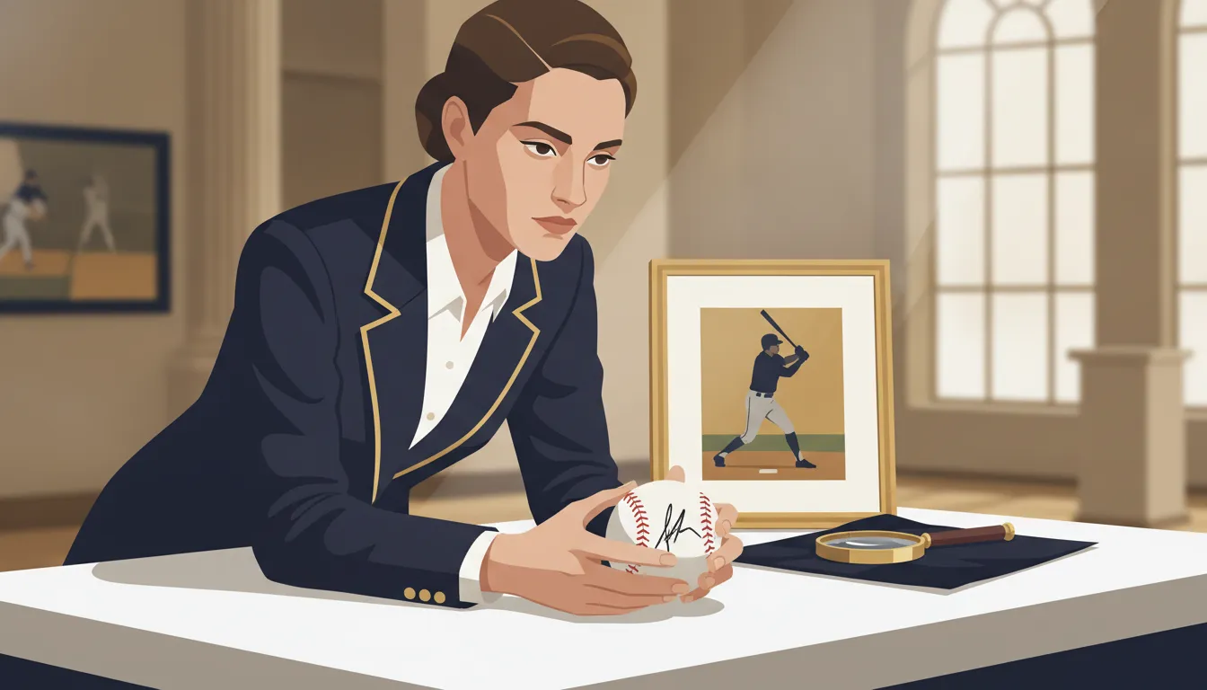 Collector examining signed sports memorabilia on an archival worktable