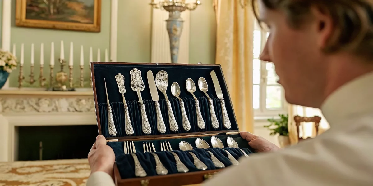 A collector examining an antique sterling silver flatware set arranged on dark velvet with engraved floral patterns