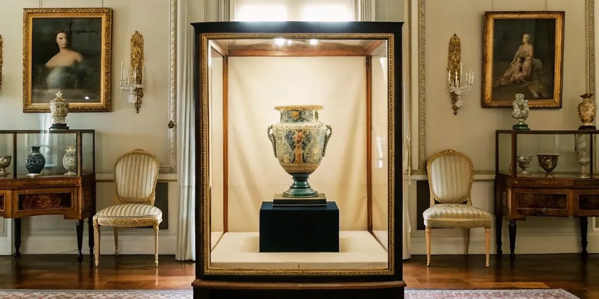 Antique Sèvres porcelain vase with ornate gilding and bleu celeste ground displayed in a museum setting