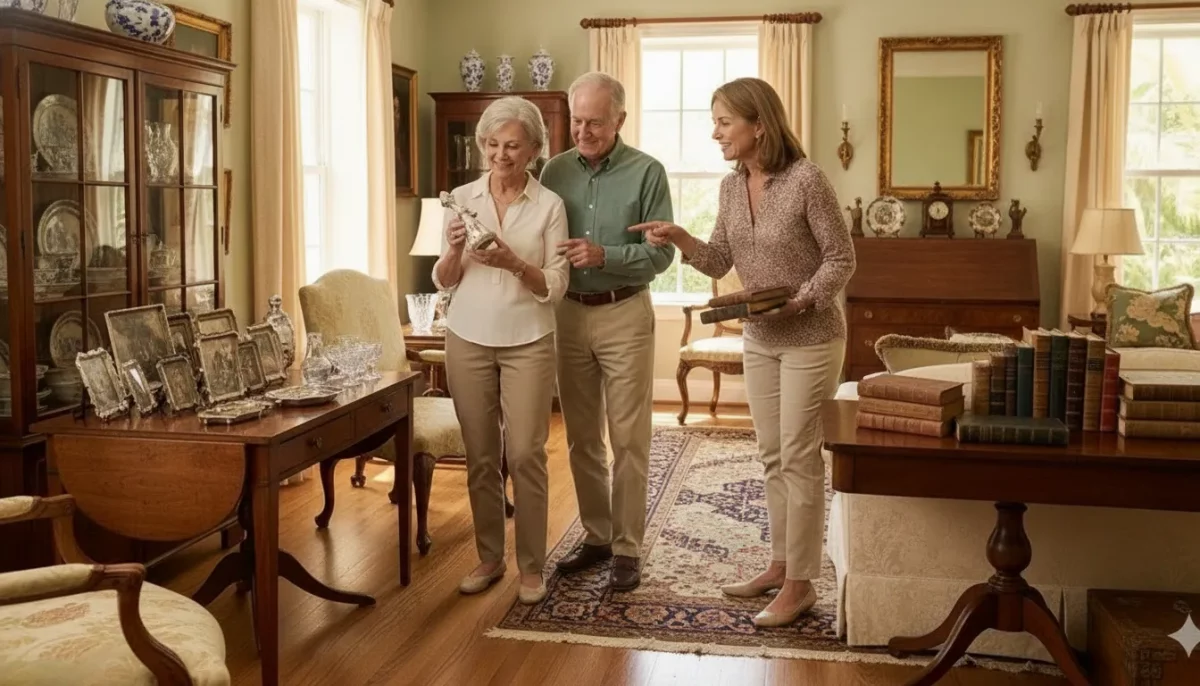 Buyers browsing antique furniture and collectibles at a professionally staged estate sale inside a bright home