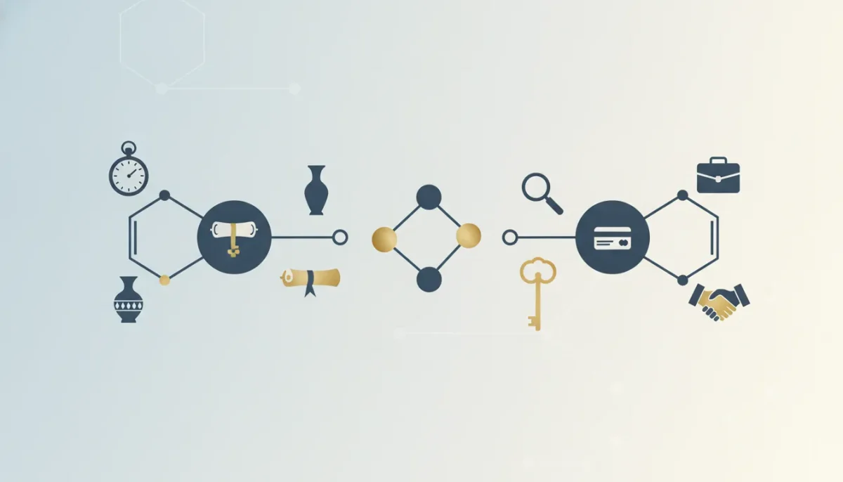 Network of antique buying icons including a clock, vase, diploma, credit card, key, handshake, and briefcase.