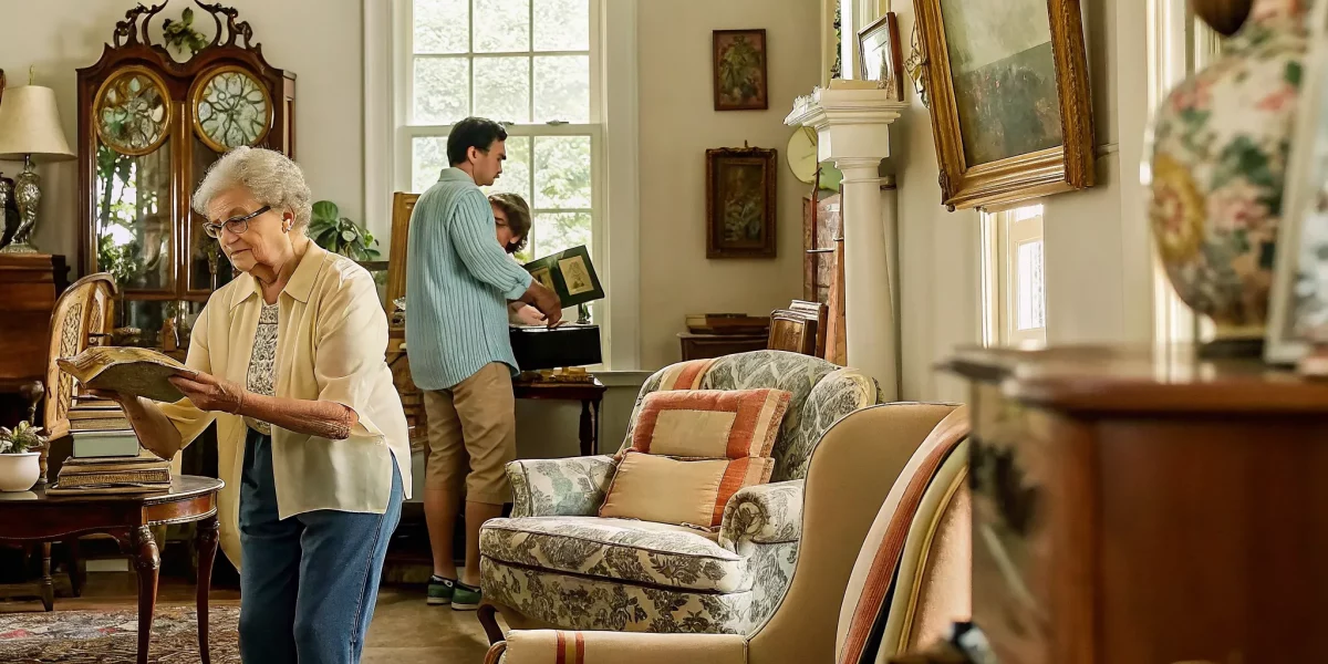 Shopper examining vintage furniture and collectibles at a professionally managed estate sale