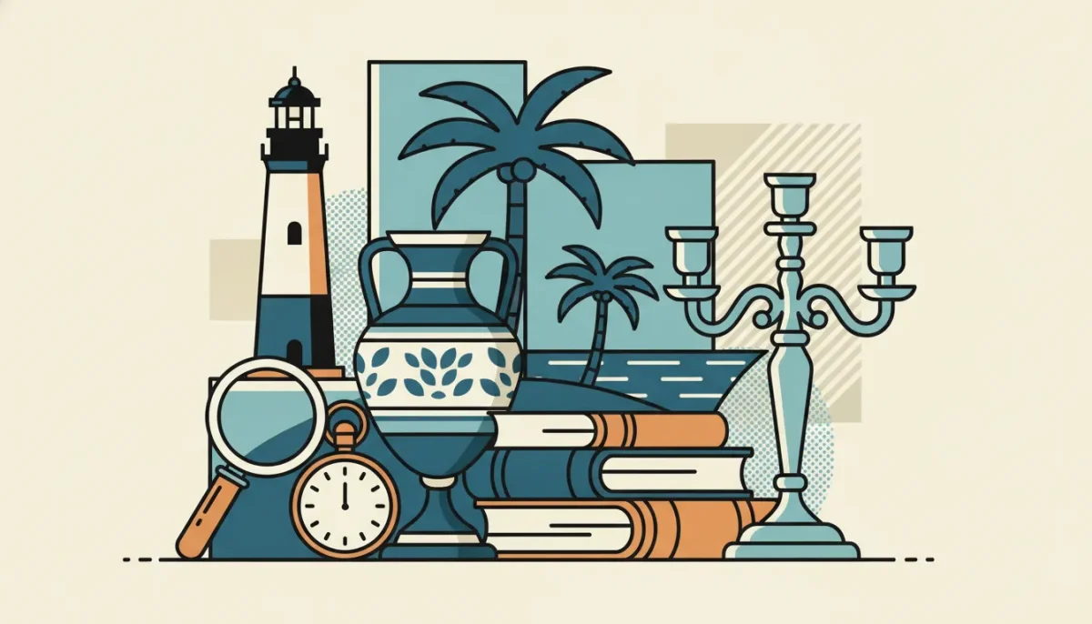 Antique books, vase, candlestick, lighthouse, and palm trees in Jupiter, FL.