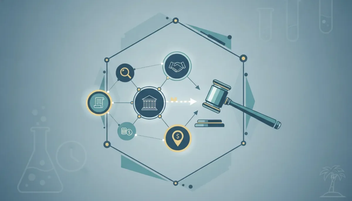 Estate auction services icon featuring a gavel, courthouse, money, and contract on a blue background.