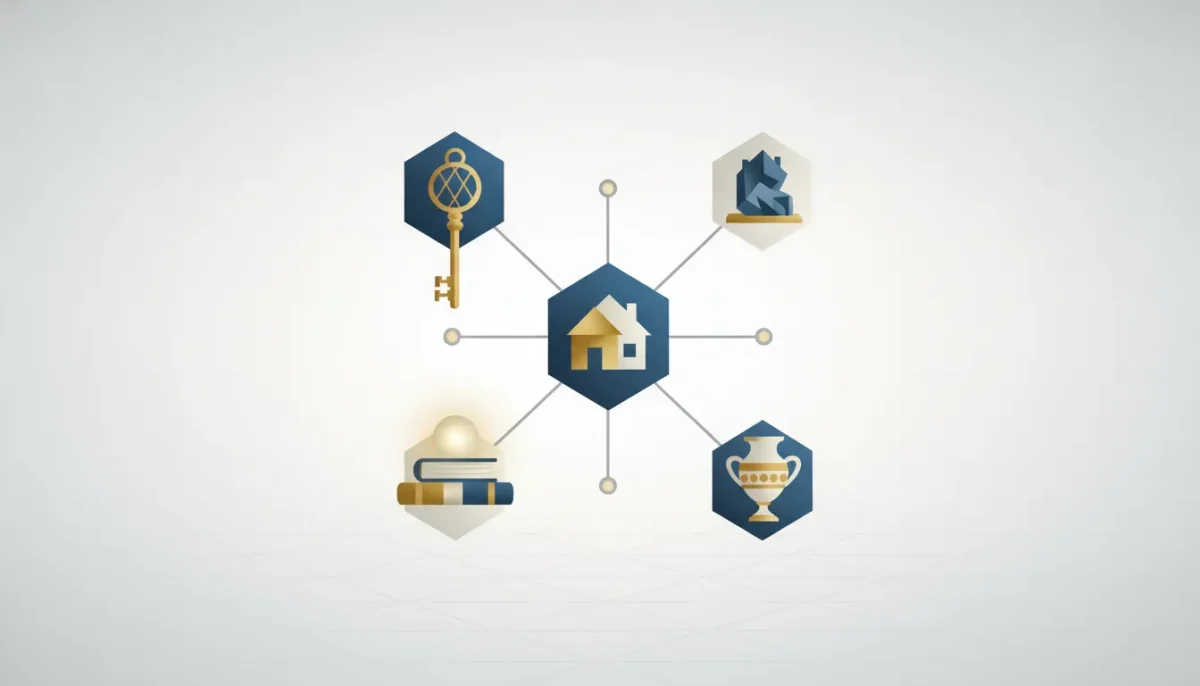 Connected icons of a key, house, books, statue, and vase representing high-value estate liquidation.
