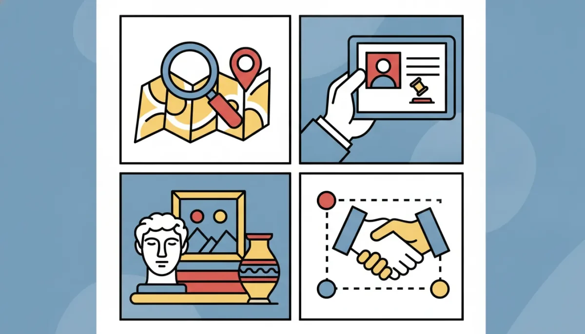 Map, ID card, art objects, and handshake icons representing art appraisers near me.