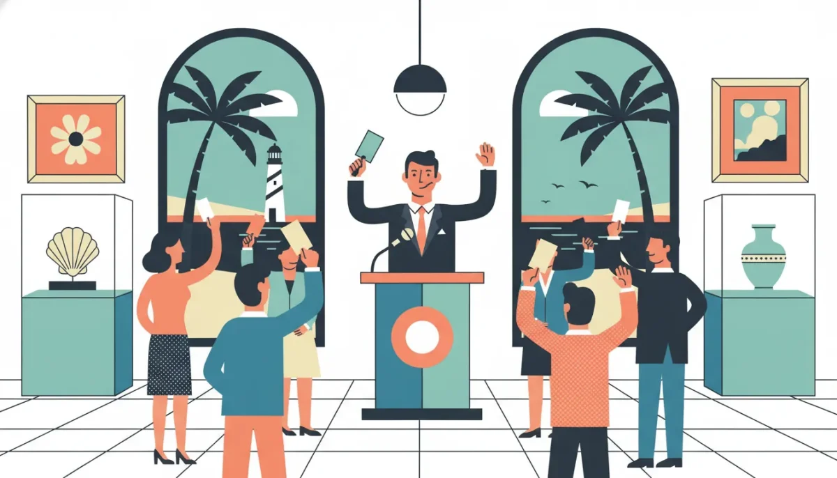 Auctioneer leading bidders at an auction house in Sanibel FL.