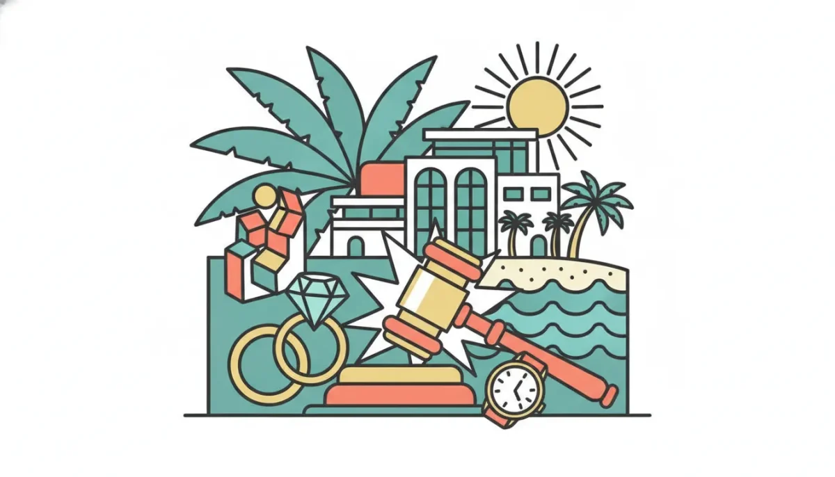 Auction house in Palm Beach, FL with gavel, luxury jewelry, mansion, and beach scenery.
