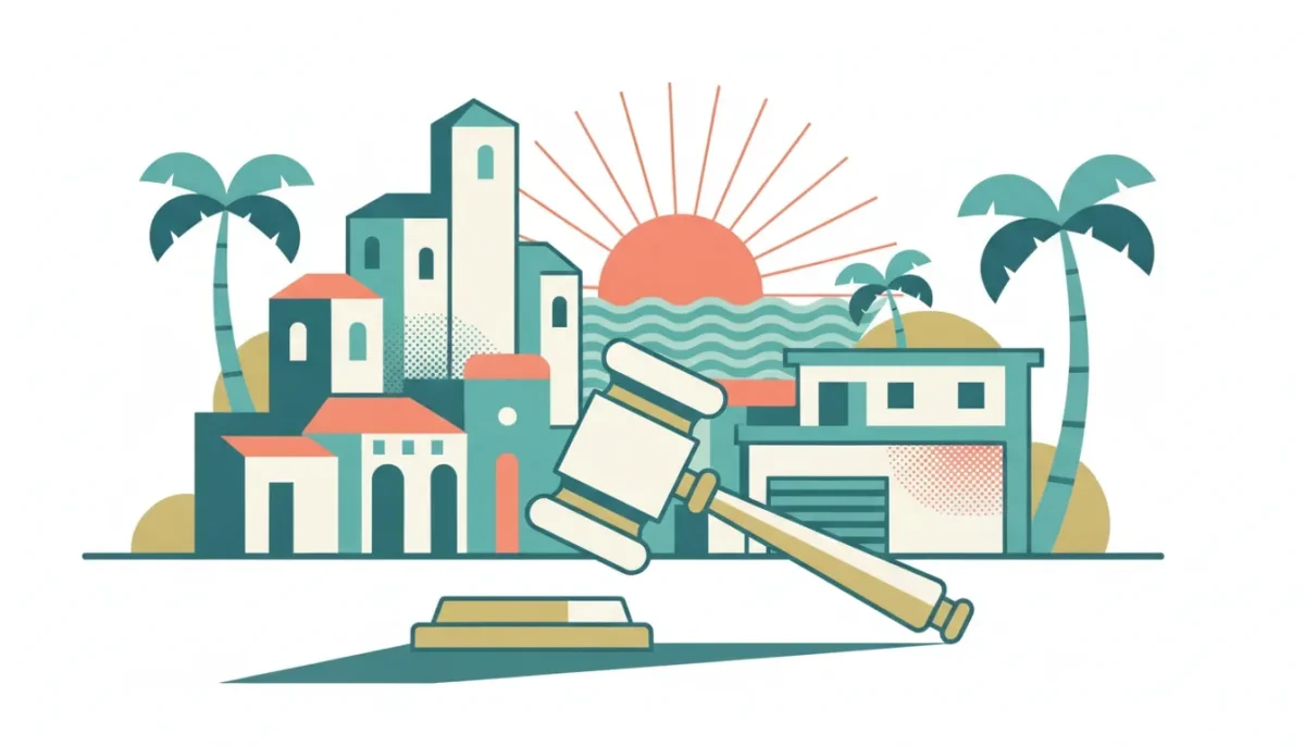 Gavel with Naples, FL buildings and palm trees.