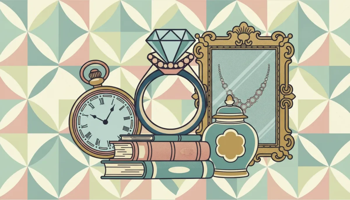 Estate jewelry and antiques including a vintage pocket watch, diamond ring, books, ornate frame, and vase.