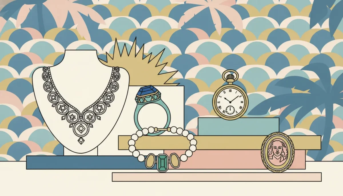 Estate jewelry, antiques, vintage watch, and ring displayed against a Palm Beach Art Deco background.
