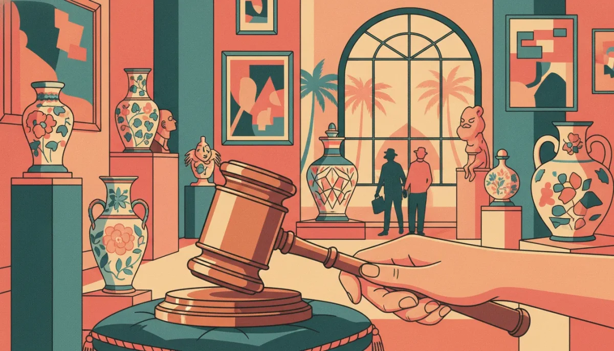 A Florida auction gallery with a wooden gavel, antique ceramics, framed art, and collectible objects