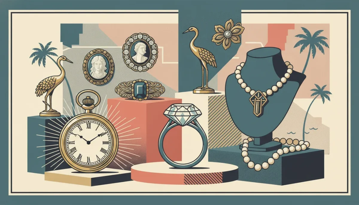 Estate jewelry and antiques consignment in Boca Raton, including rings, brooches, pocket watch, and pearl necklace.