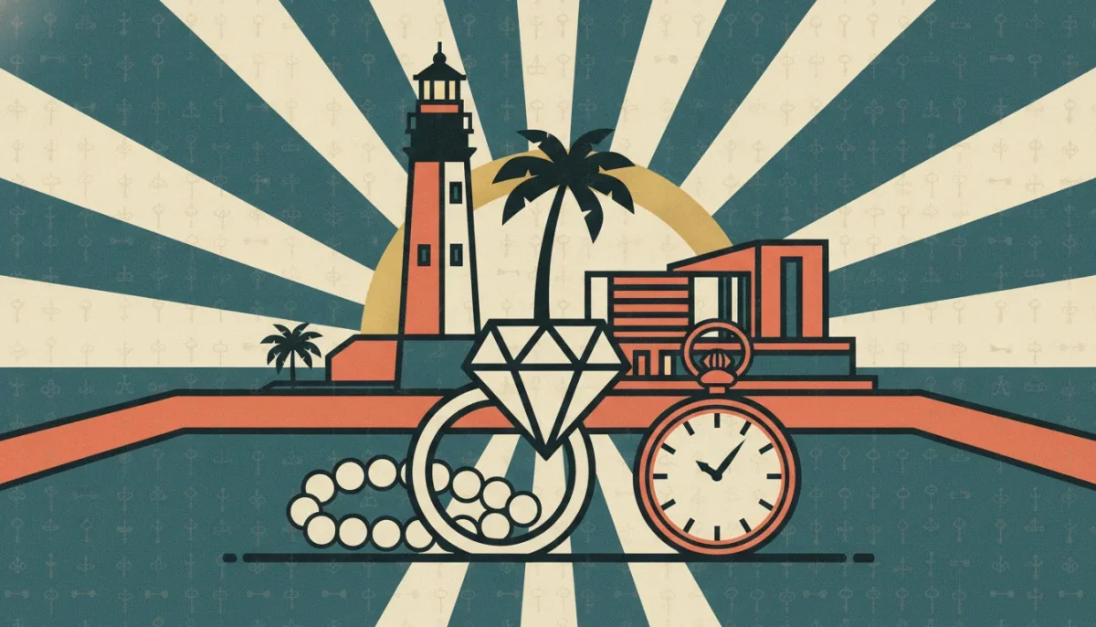 Estate jewelry, antiques, lighthouse, and palm tree in Key Biscayne, Florida.