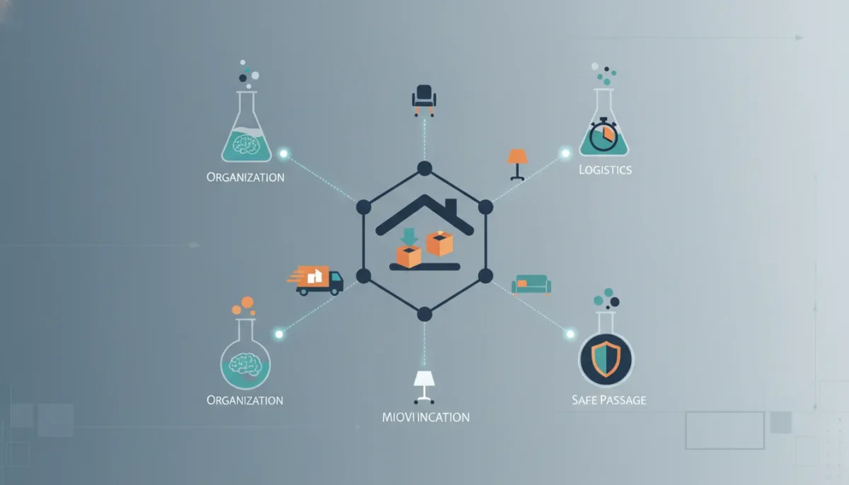 Estate packing and transport service process with organization, logistics, and safe transport icons.