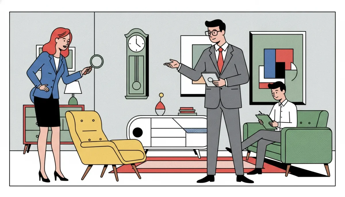 Furniture appraisers discussing a valuation in a modern living room.