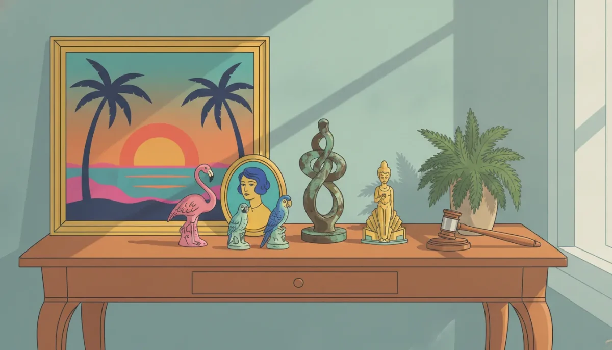 Framed coastal artwork, sculpture, vintage collectibles, and an auction gavel arranged in a bright Manalapan, Florida interior.