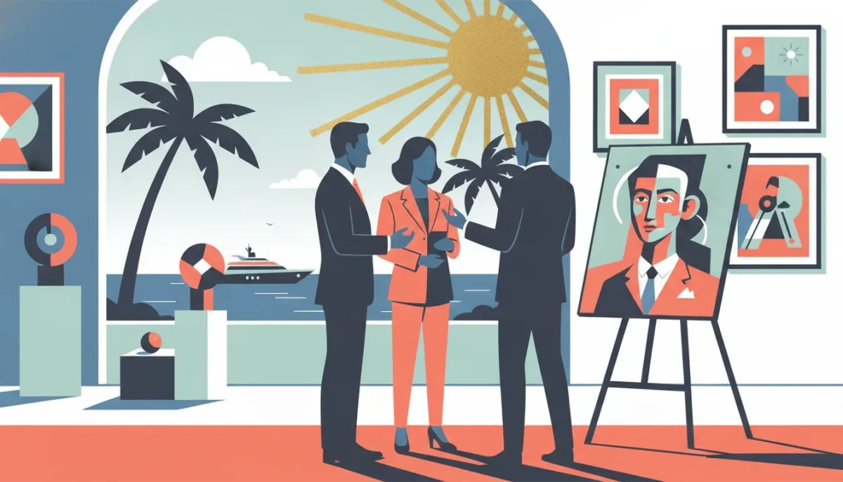 Professionals discussing fine art and collectibles in a Palm Beach gallery.