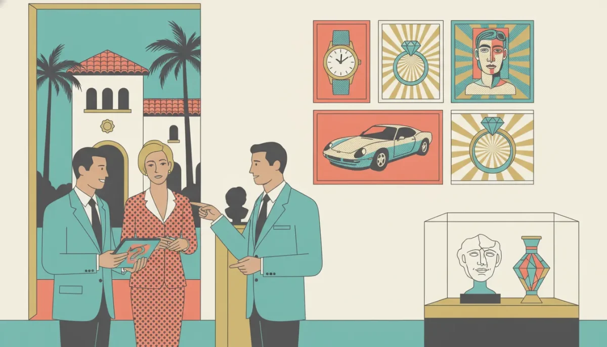 People discussing fine art and collectibles in a Coral Gables gallery.
