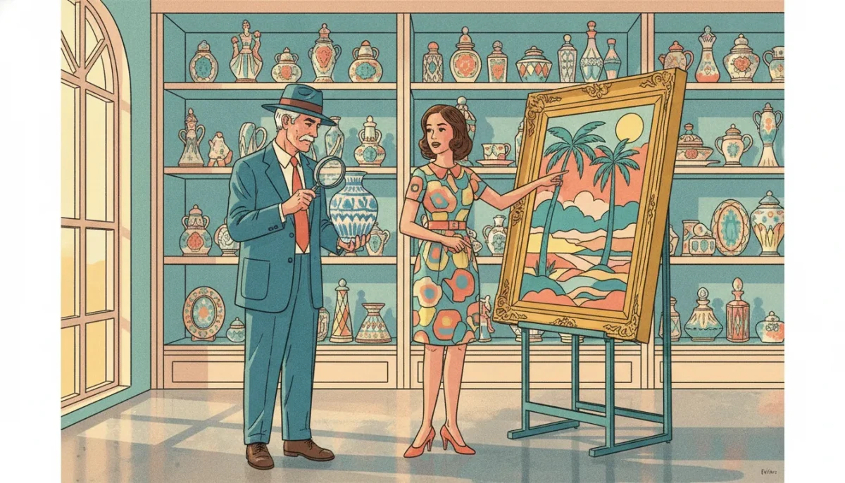 Specialist examining antiques with a homeowner in a Florida gallery