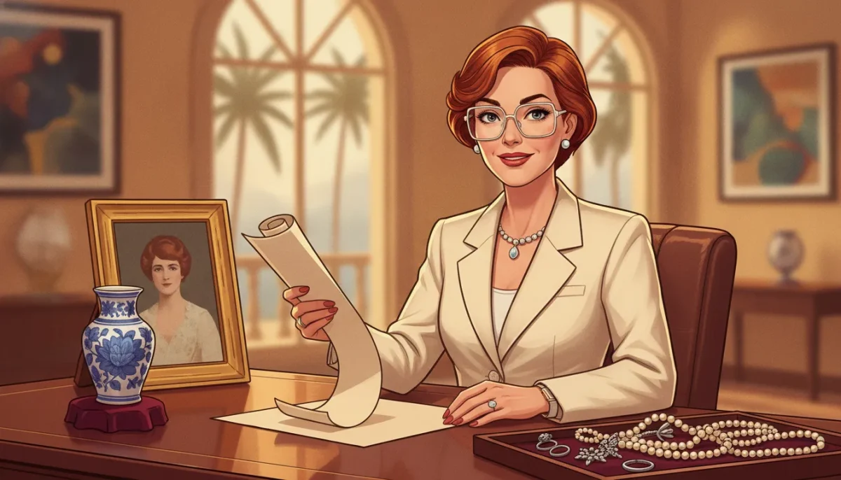 Antiques specialist wearing reading glasses and reviewing an appraisal document beside vintage collectibles.