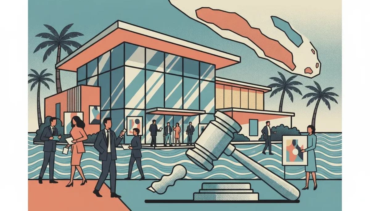 Auction house in Marco Island, FL with people, palm trees, and a gavel.