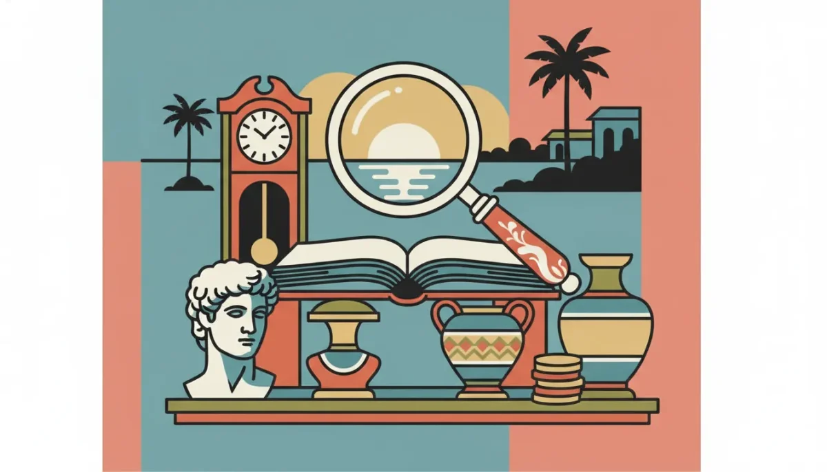 Antique appraisal symbols: books, magnifying glass, clock, vases, and statue in Manalapan, FL.