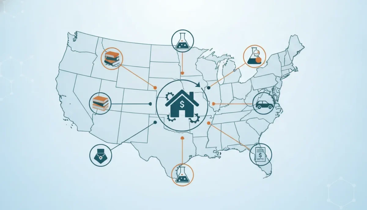 US map with books, science, car, and money icons for nationwide estate sale services.