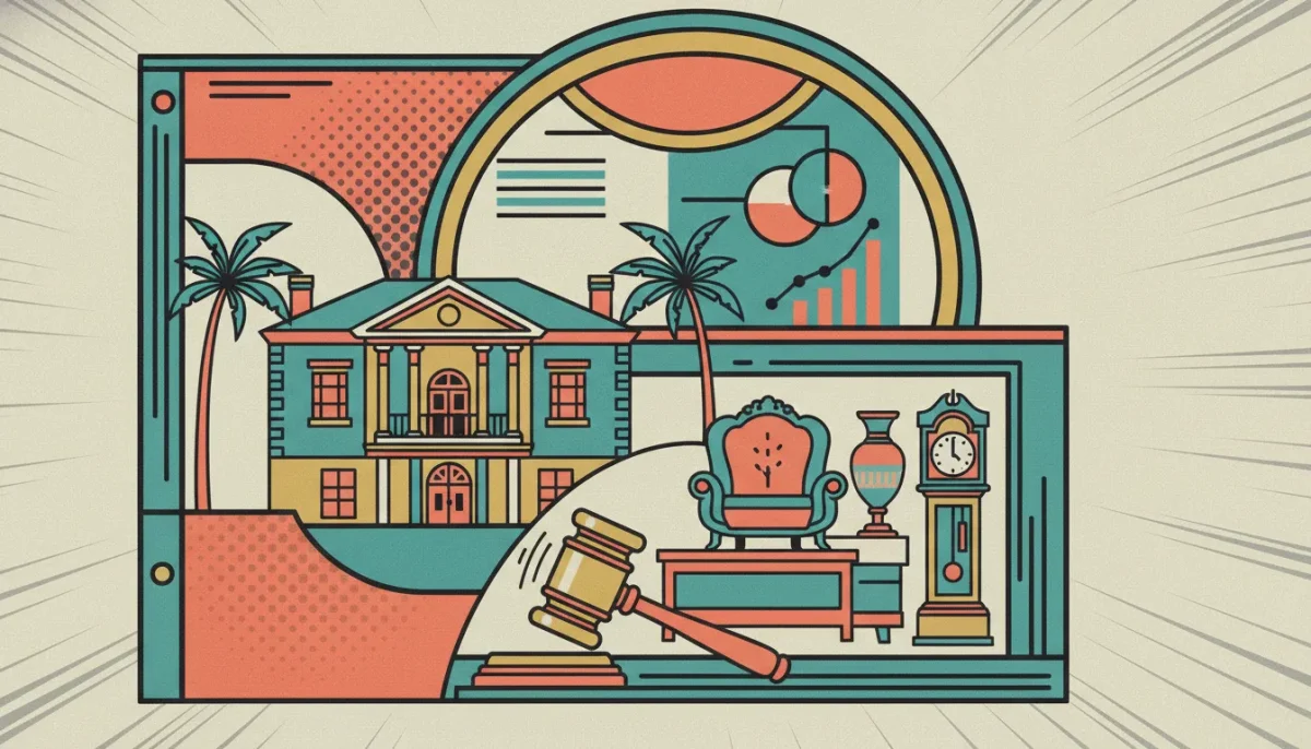 Estate auction services in Coral Gables, FL with a mansion, antiques, gavel, and financial charts.