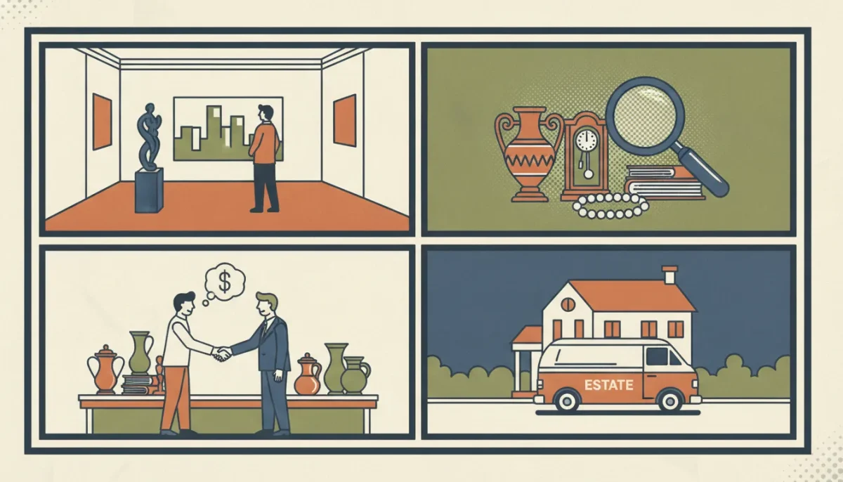 Antique buyers appraising valuables beside an estate sale van outside a house.
