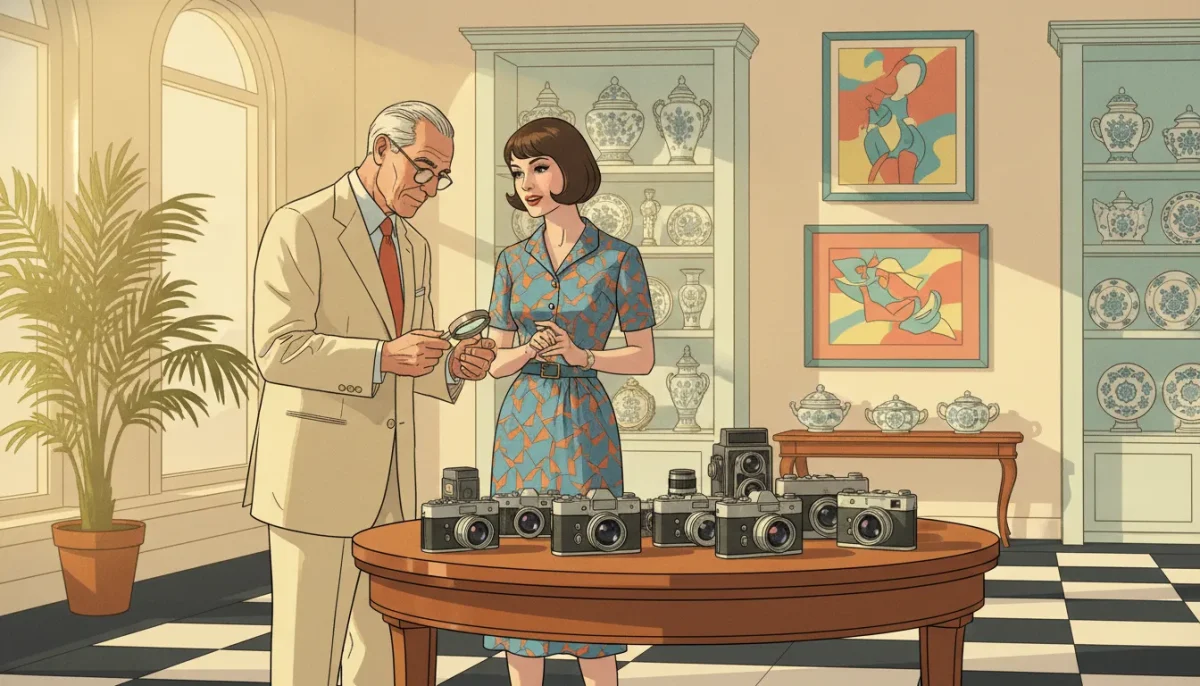 Vintage camera selling consultation in an auction gallery