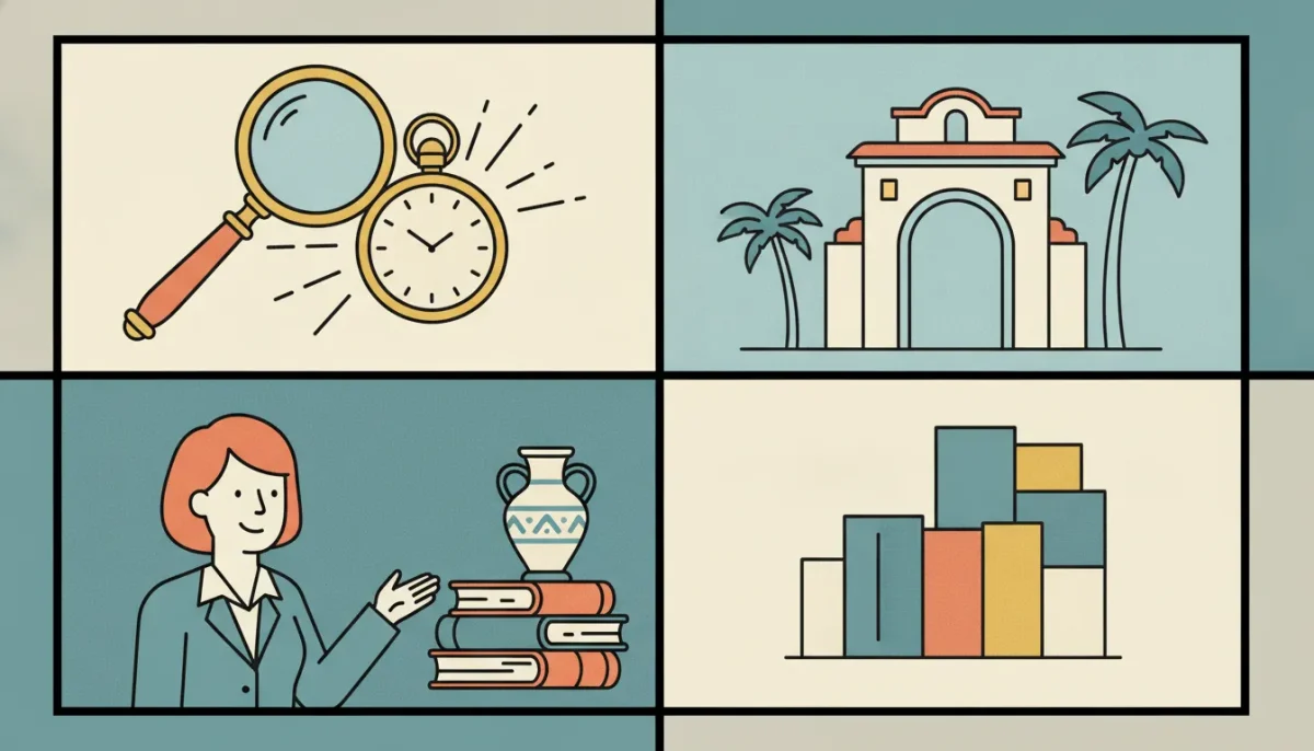 Antique appraisal scene with a magnifying glass, pocket watch, books, vase, historic building, and bar chart.