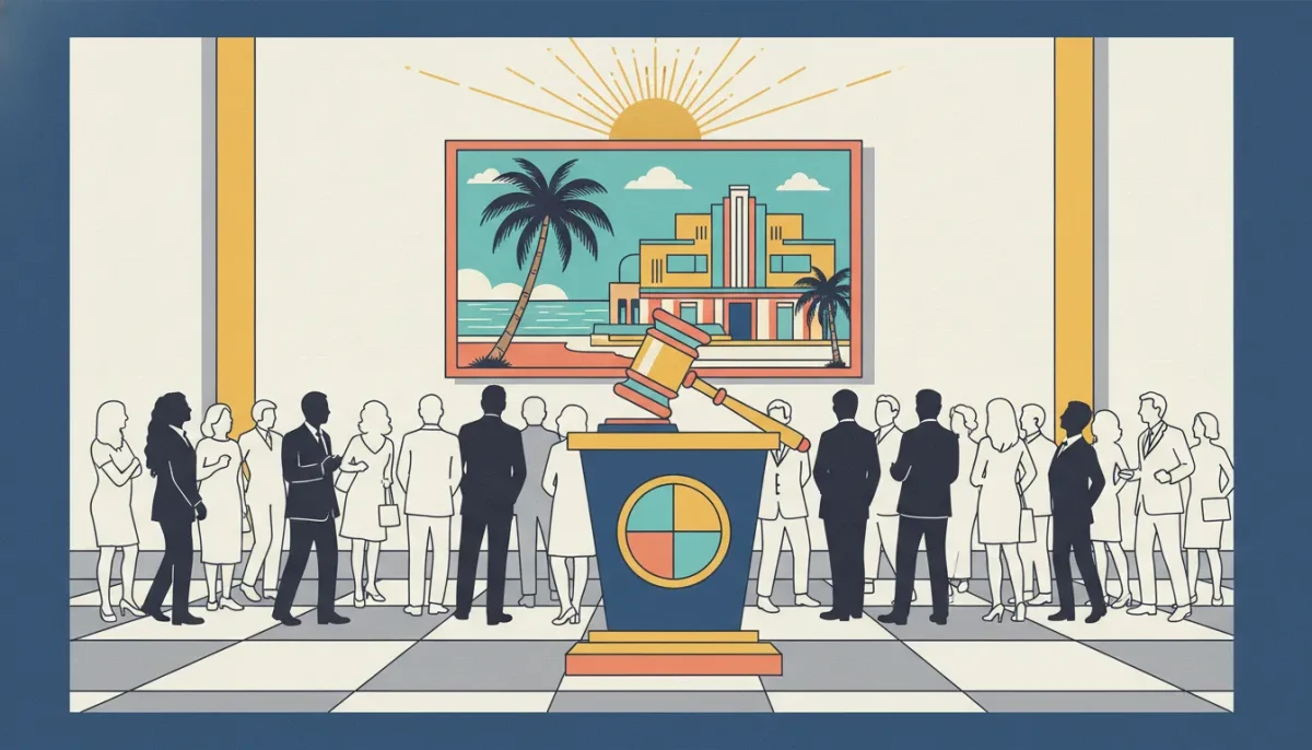 Auction house in Delray Beach, FL with people gathered around a gavel podium.