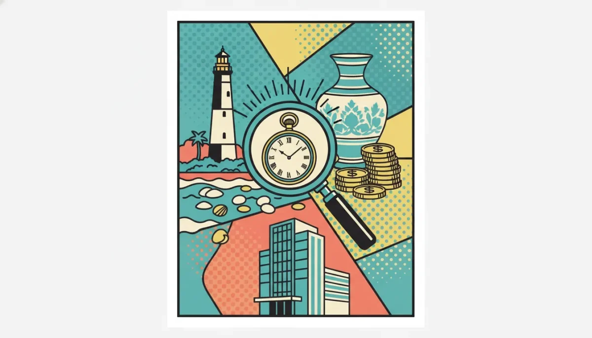 Colorful pop art featuring a magnifying glass, pocket watch, coins, vase, lighthouse, and building.