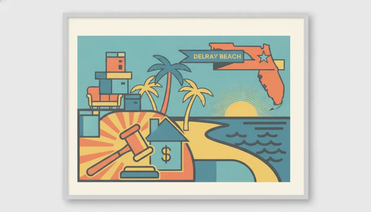 Estate auction services in Delray Beach FL with a gavel, house, beach, and Florida map.