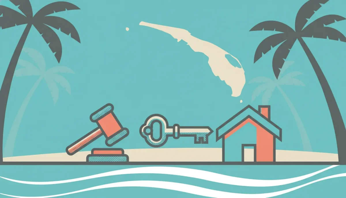Gavel, key, house with palm trees, and Florida map for estate auction services in Sanibel, FL.