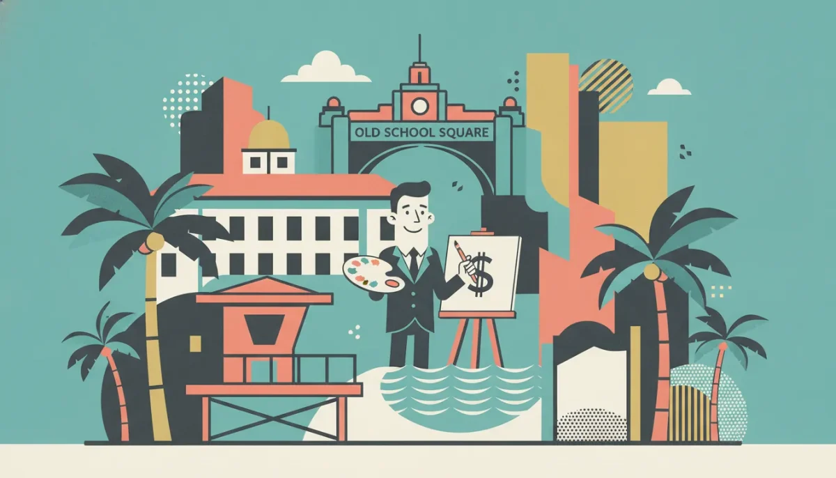 Delray Beach art scene with artist at easel, palm trees, and city landmarks.