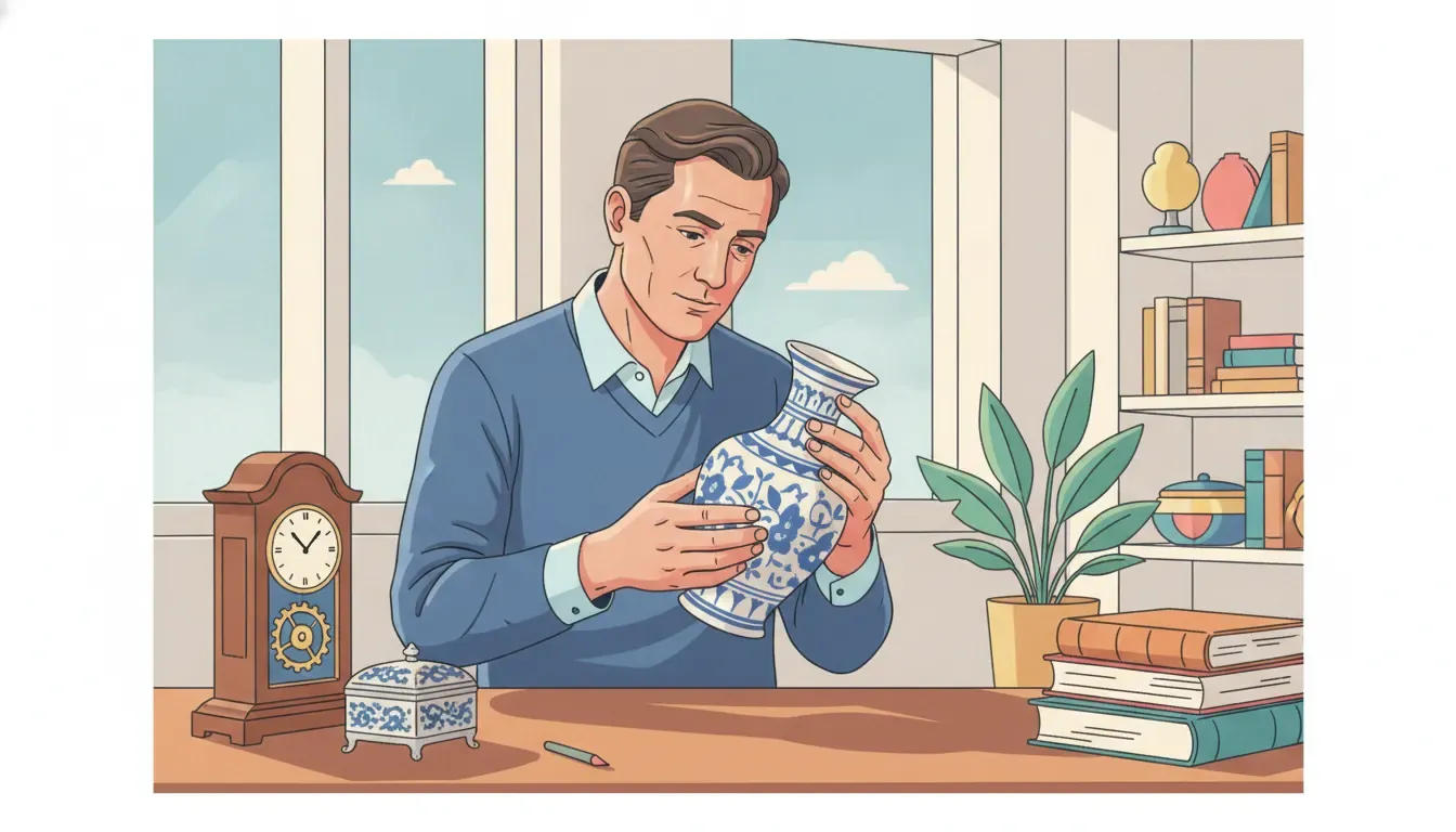 Appraiser examining an antique porcelain vase during an antique appraisal