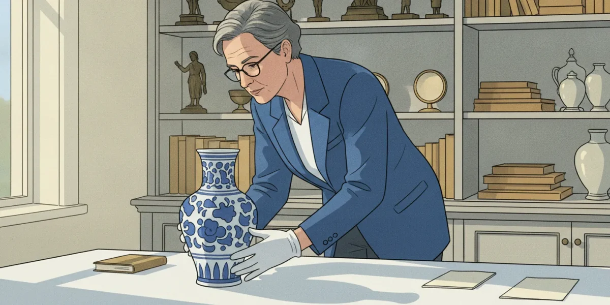 Auction specialist examining a decorative porcelain piece at a cataloging table