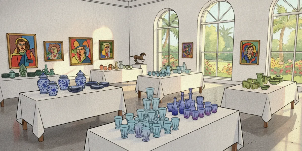 Antique porcelain, glass, and framed art arranged for an auction preview