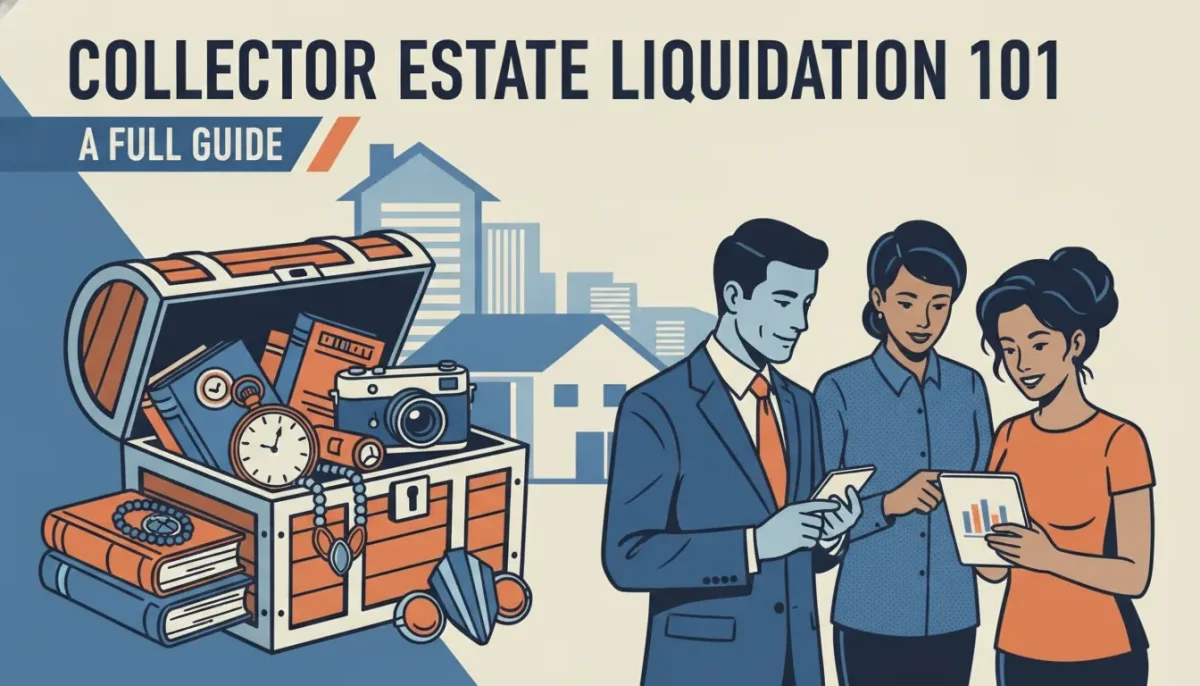 People reviewing antiques, valuables, and documents for collector estate liquidation beside a treasure chest.