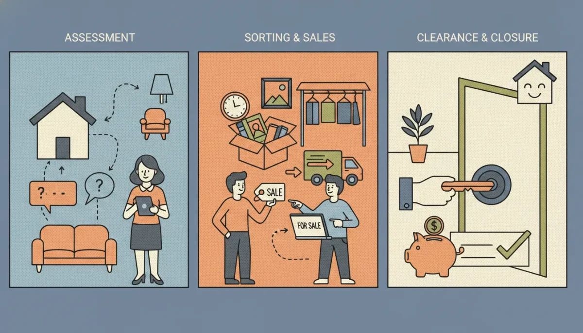Downsizing estate liquidation process showing assessment, sorting, sales, clearance, and closure steps.